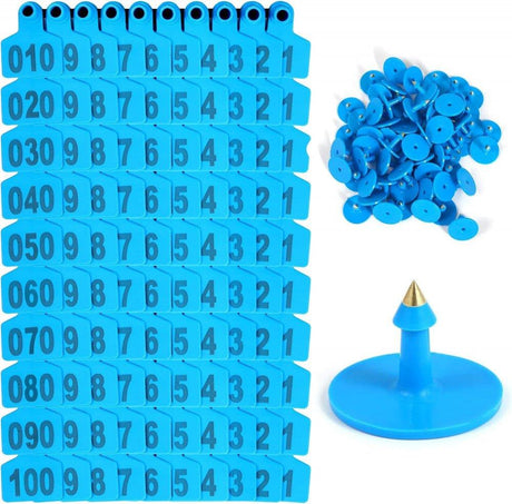 100 darabos kék műanyag állatfül címke szett, 001-100 számokkal, marhákhoz és más haszonállatokhoz - Outlet24