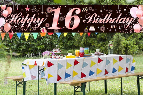 16. Születésnapi dekorációs zászló, Rózsaszín Arany Party Dekoráció, Tartós Háttérzászló Lányoknak - Outlet24