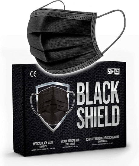 50 darabos Black Shield Antibakteriális Egyszer Használatos Orvosi Arcmaszk, Fekete - Outlet24