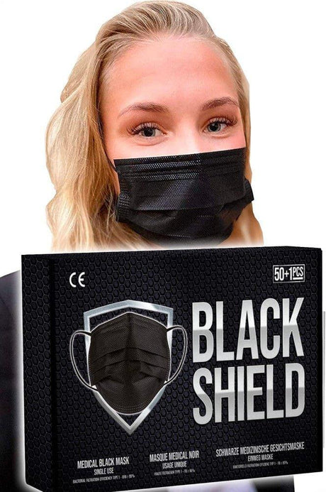 50 darabos Black Shield Antibakteriális Egyszer Használatos Orvosi Arcmaszk, Fekete - Outlet24