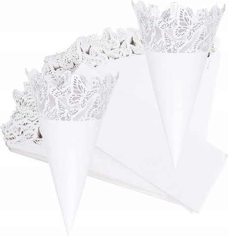 50 darabos esküvői konfetti kúp szett, fehér, papír, pillangó minta - Outlet24