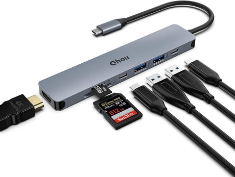 Qhou 7 az 1-ben Type C Adapter 4K HDMI, USB 3.0, SD/TF Olvasó, 100W PD - Outlet24