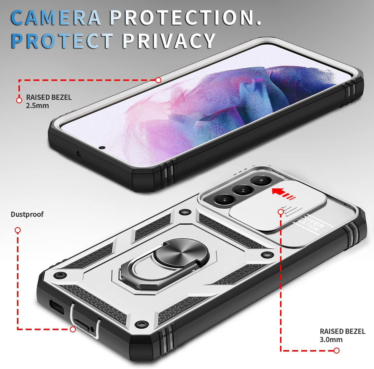 Samsung Galaxy S22 Plus Tok, Kamera Védő Csúszófedéllel - Fehér/Fekete - Outlet24