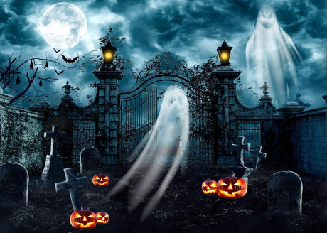 Halloween Party Hátter Kék Sírkert Kapu Szellem Tök Lámpás Teljes Hold - Outlet24