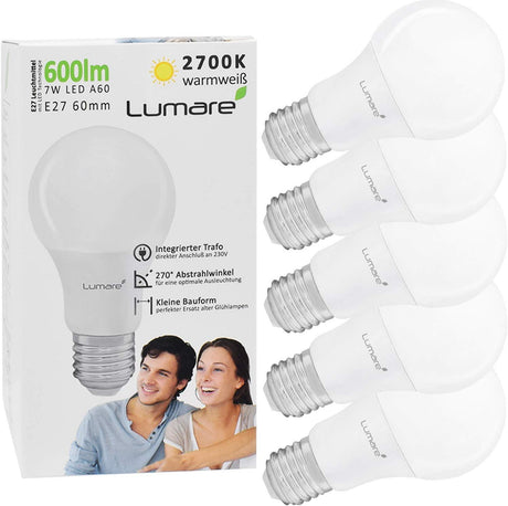 Lumare LED Izzó E27 7W, 60W Helyettes, 600 Lumen, Meleg Fehér, 5db - Outlet24