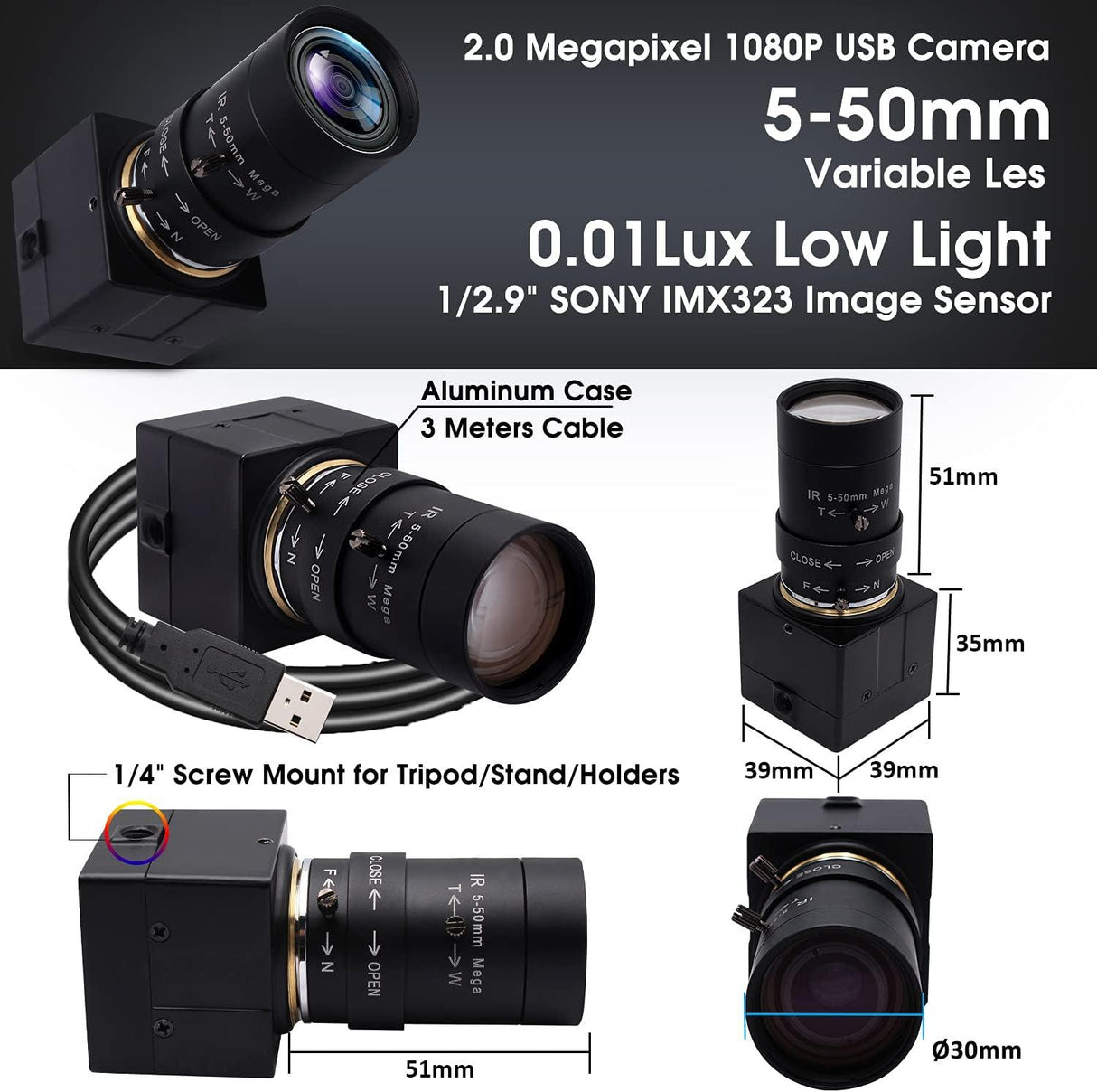 SVPRO 5-50mm Zoom Lens USB Kamera 1080P, Sony IMX323 Szenzorral, H.264 HD Kamera Ultra Alacsony Fényérzékenységgel, PC Webcam Windows Linux Mac Android rendszerekhez - Outlet24