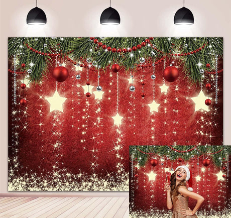 Piros Karácsonyi Háttér Csillaggal és Díszekkel Fotózásra 210x150cm - Outlet24