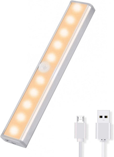 OUSFOT Mozgásérzékelős Szekrényvilágítás, 10 LED, USB Újratölthető Akkumulátorral, Mágneses Sávokkal, Meleg Fehér Újracsomagolt termék - Outlet24