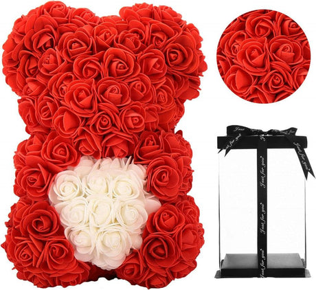 Piros Művirág Medve - Ajándék Lányoknak, Anyukáknak, Születésnapra, valentin napra - Átlátszó Ajándékdobozban, 25 cm - Outlet24