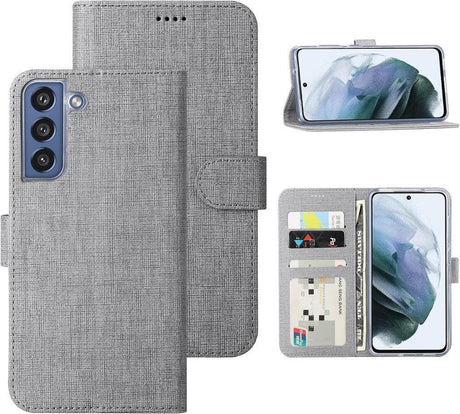 Samsung Galaxy S21 FE 5G Pénztárcastílusú Védőtok, Állvánnyal, Ultravékony Mágneses Záródású TPU Bumper - Szürke - Outlet24