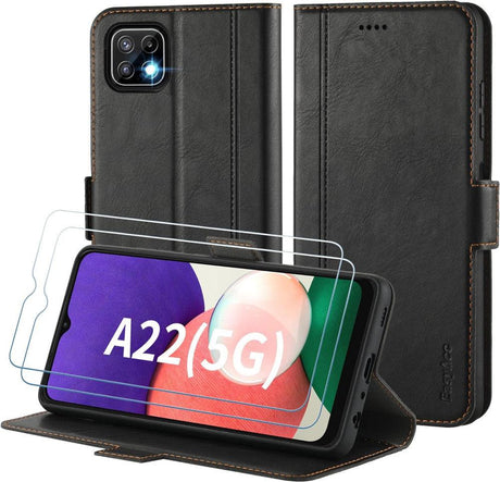 Samsung Galaxy A22 5G PU Bőr Tok, Kártyatartóval és Állvánnyal - Outlet24