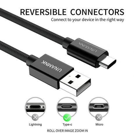 UNAMNK 3 Csomag USB Type C Gyors Töltő és Adatátviteli Kábel, Samsung, Huawei, Sony, OnePlus Kompatibilis (Fekete) - Outlet24
