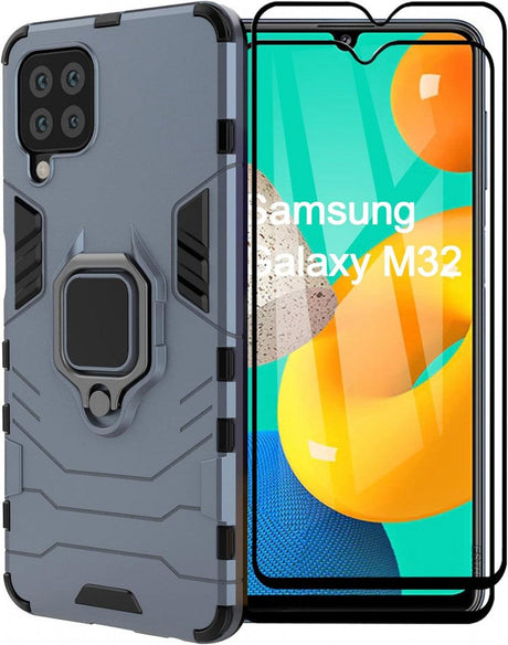 Samsung Galaxy M32 Kék Védőtok 2db Üvegfóliával, Forgatható Gyűrűtartóval, Mágneses Autós Tartó Kompatibilis - Outlet24