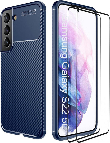Samsung Galaxy S22 5G Kék Rugalmas Védelmi Tok, 2db Képernyővédővel, Ütésálló TPU Borítás - Outlet24
