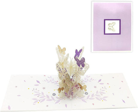 Sinzau 3D-s kártya, lila pillangós virágok, 3D-s felugró üdvözlőkártya, kivágott papír, borítékkal - Outlet24