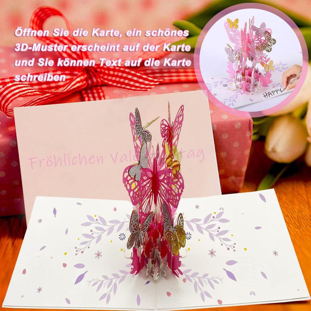 Sinzau 3D-s kártya, rózsaszín pillangós virágok, 3D-s felugró üdvözlőkártya, kivágott papír, borítékkal - Outlet24