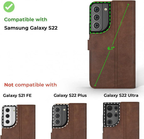 Samsung Galaxy S22 Bőr Tok 5G | Valódi Bőr Pénztárca Telefon Tok Kártyatartóval | Állványos Flip Folio Tok | Kompatibilis a Samsung Galaxy S22-vel | (Barna) - Outlet24
