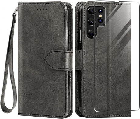 Samsung Galaxy S23 Ultra 5G Kompatibilis Bőr Flip Tok, Mágneses Védő Szilikon TPU [Kártyahely] [Állvány Funkció] - Fekete - Outlet24