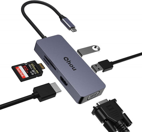 Qhou 6 az 1-ben USB C HUB 4K HDMI, VGA, SD/TF Olvasóval és 2 USB 2.0 Porttal - Outlet24