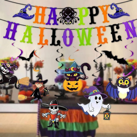 Beltéri Halloween témájú dekorációs készlet "Happy Halloween" feliratú függőzászlóval(szellemek, denevérek, töklámpás) - Outlet24