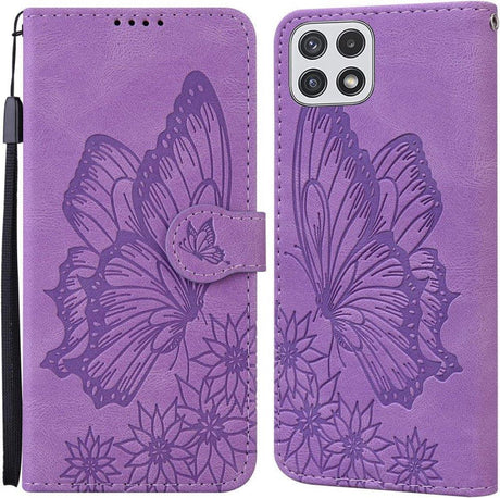 Bőr tok Samsung Galaxy A22 5G tok, Flip tok mintás virágos, pillangós [kártyanyílások] [állvány funkció] Ütésálló védőtok, lila - Outlet24