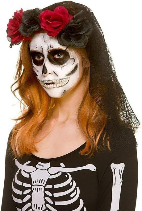 Gótikus Halloween Hajpánt, Csontváz Díszítéssel , Sötét Piros & Fekete Rózsákkal - Outlet24