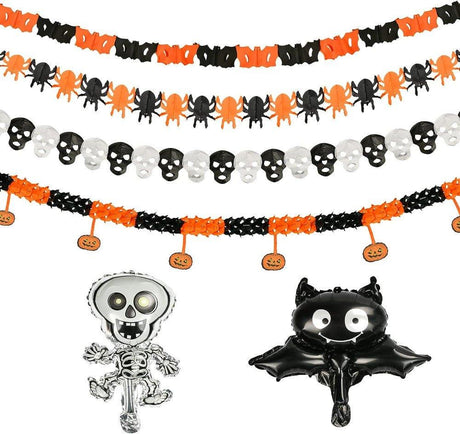 Halloween party dekorációk, léggömbök, füzér zászló, dekorációs zászló, sütőtökök, pókok, csontvázak, denevérek - Outlet24