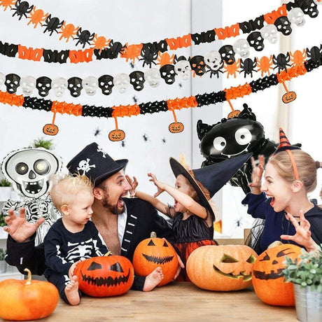 Halloween party dekorációk, léggömbök, füzér zászló, dekorációs zászló, sütőtökök, pókok, csontvázak, denevérek - Outlet24