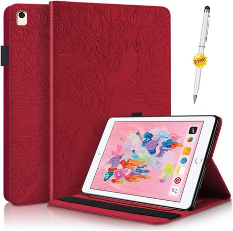 iPad Pro 10,9" Bőr Pénztárcás Tok, Kártyatartóval és Kitámasztóval, Fa Mintával (Bordó) - Outlet24