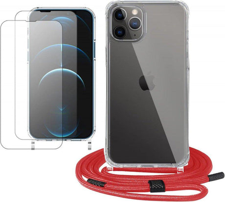 iPhone 11 Pro 4 az 1-ben Ütésálló Szilikon Tok + 2 Kijelzővédő Üvegfólia + Piros Színű Nyakba Akasztható Pánt (Víztiszta) - Outlet24