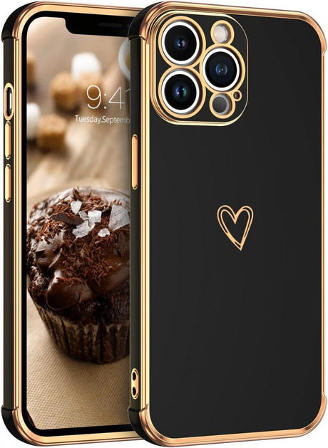 iPhone 12 Pro Max Ütésálló Szilikon Tok, Szívecskés Mintával (Fekete-Rosegold) - Outlet24