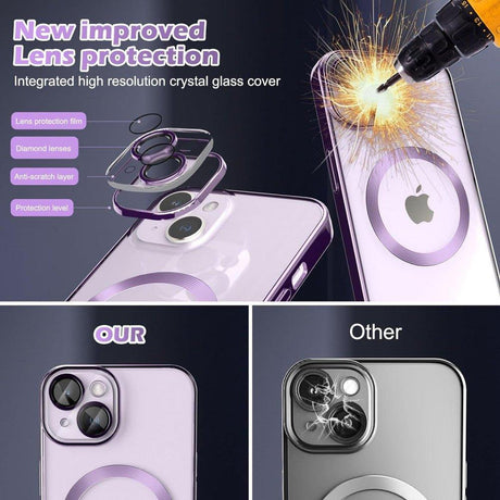 iPhone 14 Szilikon Tok, Kameravédővel és 2 db Kijelzővédő fóliával, MagSafe Kompatibilis (Lila-Átlátszó) - Outlet24