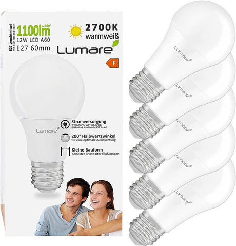 Lumare LED izzó 12 W A60 Teardrop Shape | E27 LED foglalat meleg fehér 2700 K izzó | 1100 lumenes izzók | 75 W-os izzókat helyettesít 5 darabos készlet - Újracsomagolt termék - Outlet24