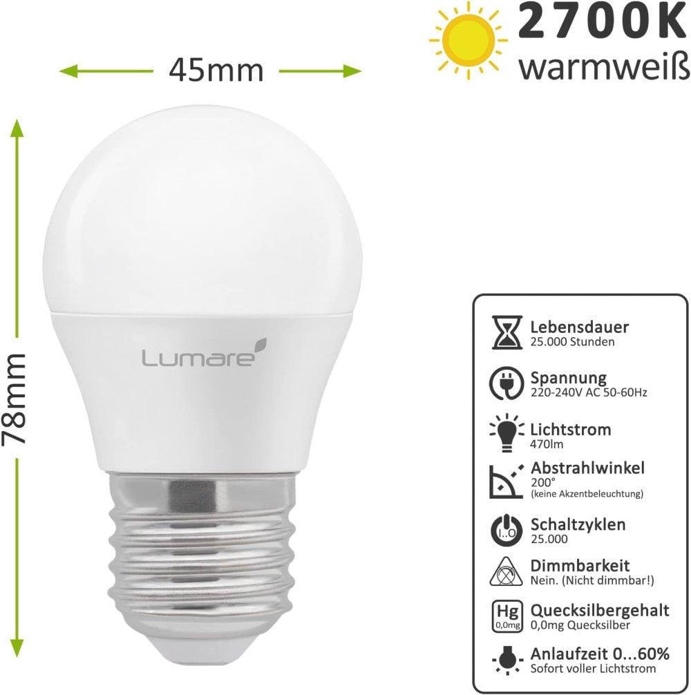 Lumare LED Izzó E27-2700 K 5 W 470 Lumen, G45 Alakú, 270° Sugárzási Szög, Meleg Fehér Színű, 5 darabos csomag Újracsomagolt termék - Outlet24
