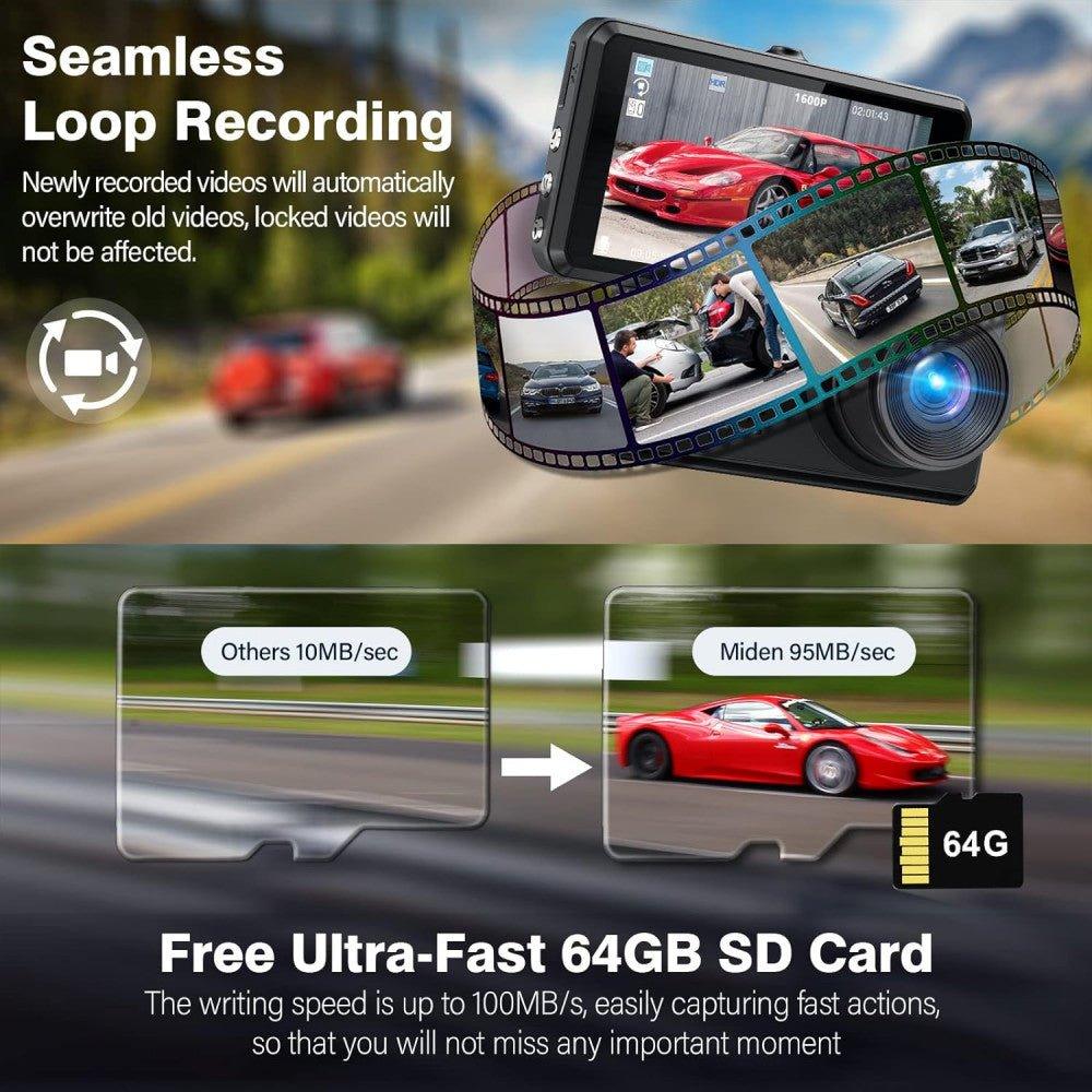 Miden S7 2.5K+1080P FHD Dupla Dash Cam, 64G SD Kártya, Éjjellátó, Parkoló Mód - Outlet24